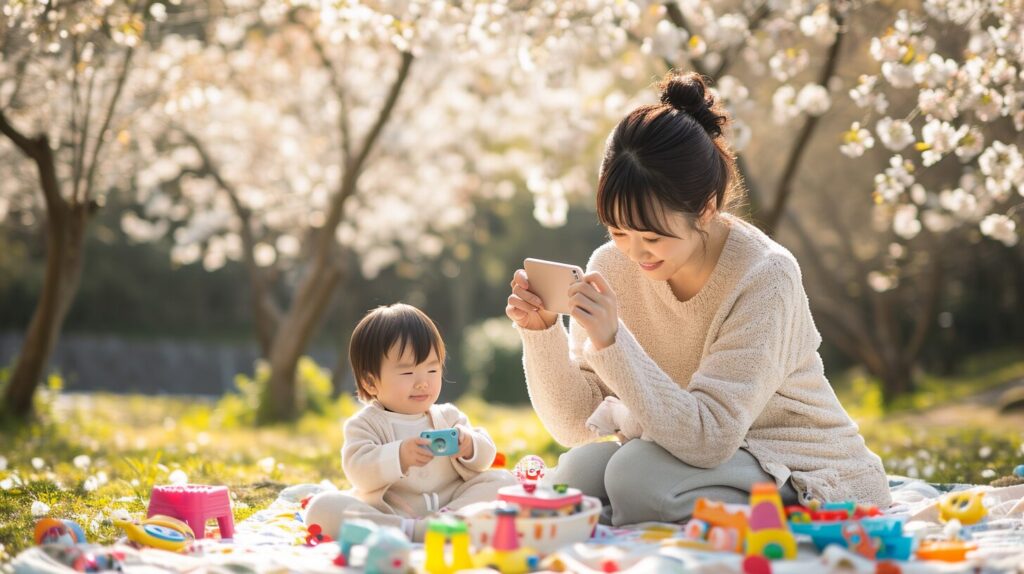 子供を撮影する母親